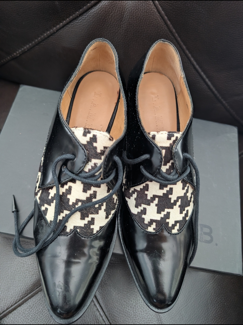 L.A.M.B. Women's Black Patent Leather Oxfords with Black & White Houndstooth